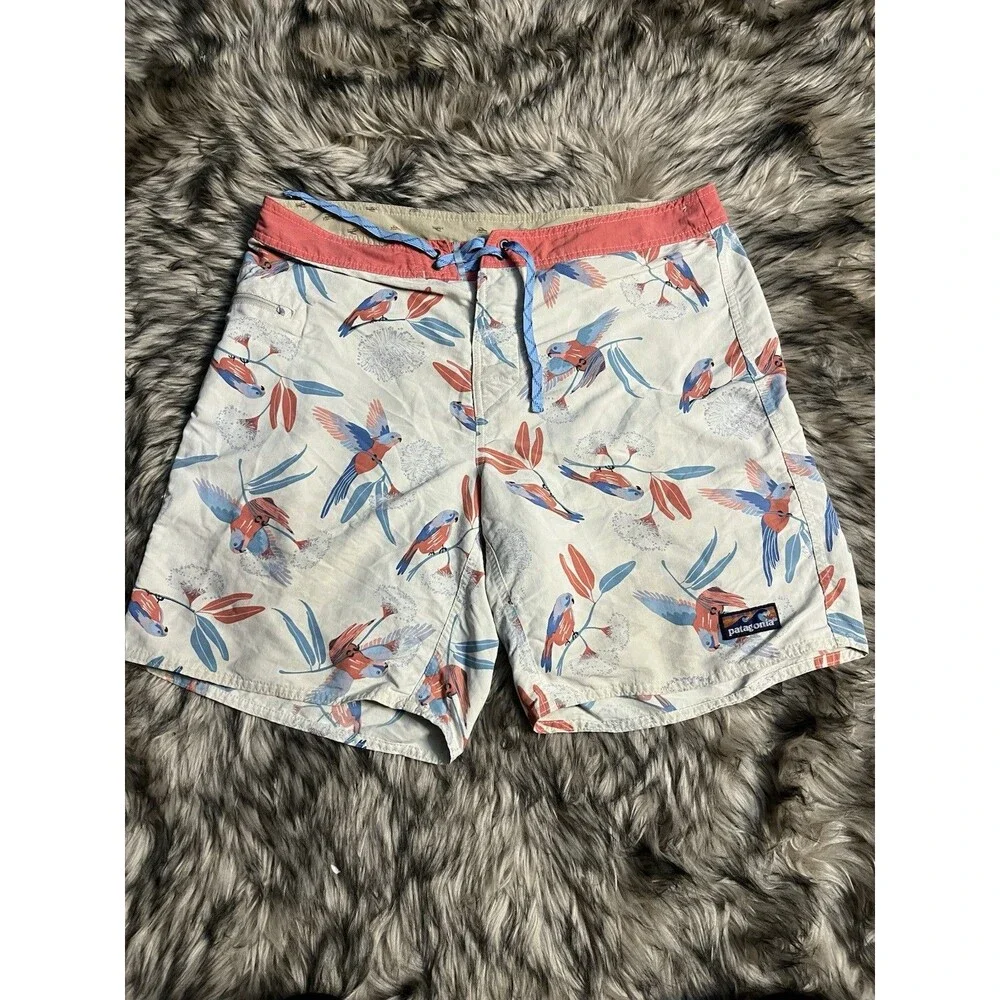Patagonia Bird Print Wavefarer Boardshort Drawstring Swim Trunks